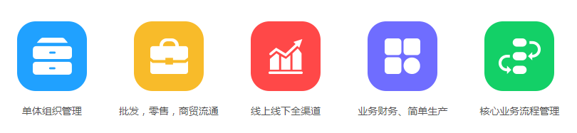 適用于單體組織管理、批發(fā)，零售，商貿(mào)流通、線上線下全渠道、業(yè)務(wù)財(cái)務(wù)、簡(jiǎn)單生產(chǎn)、核心業(yè)務(wù)流程管理等類型的企業(yè)。