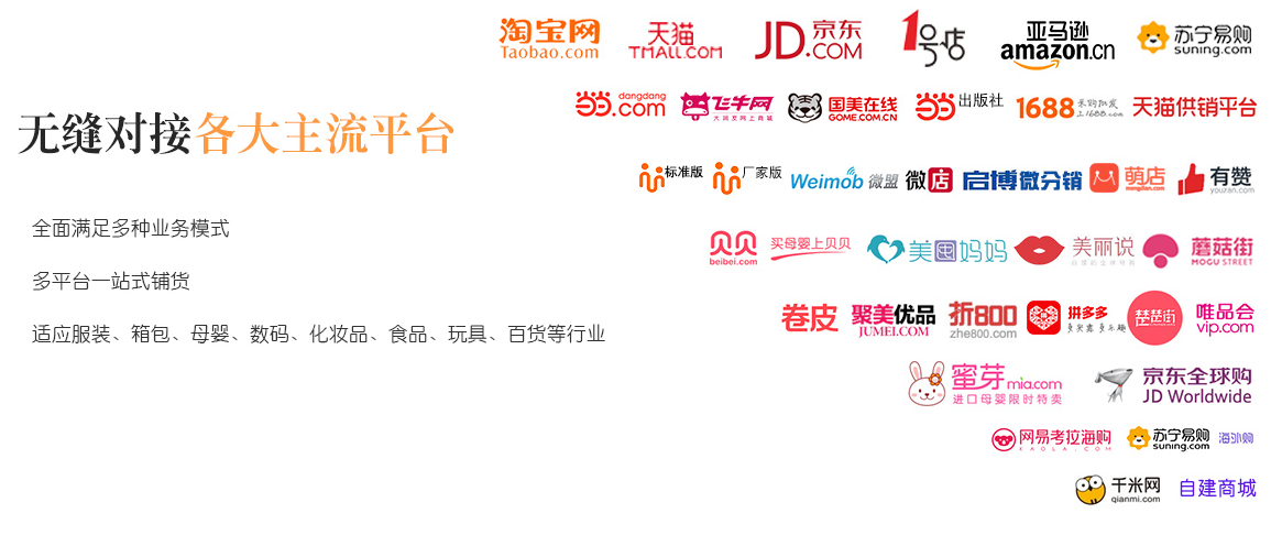 無縫對接超過70+主流電商平臺，多平臺多店鋪訂單實時同步，通過API接口快速下載全網(wǎng)訂單，穩(wěn)定高效不漏單。